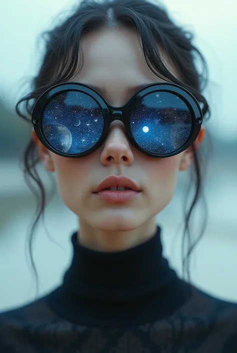 The model is wearing glass sunglasses with stars and the moon on the glass