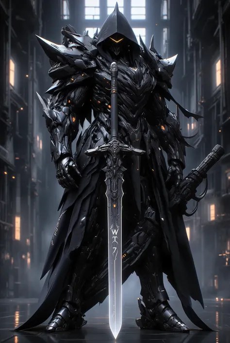 The death reaper,in awesome, futuristic battle armor, WT7 engraved on glowing magnificent sword ,highly detailed, cinematic shot, reflection, sci-fi environment The best cell phone wallpaper, Award-Winning Wallpaper, portrait photography,