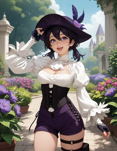 score_9, score_8_up, score_7_up, source_anime, anime_screencap, solo, nier2b, 1girl, purple eyes, big eyes, ish, open mouth, lips, smile, low twintails, medium hair, hair between eyes, tricorne, purple tricorne, white ascot, wide sleeves, long sleeves, coa...
