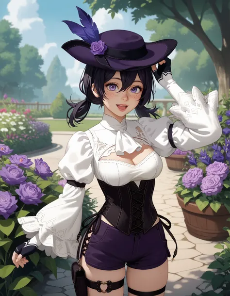 score_9, score_8_up, score_7_up, source_anime, anime_screencap, solo, nier2b, 1girl, purple eyes, big eyes, ish, open mouth, lips, smile, low twintails, medium hair, hair between eyes, tricorne, purple tricorne, white ascot, wide sleeves, long sleeves, coa...