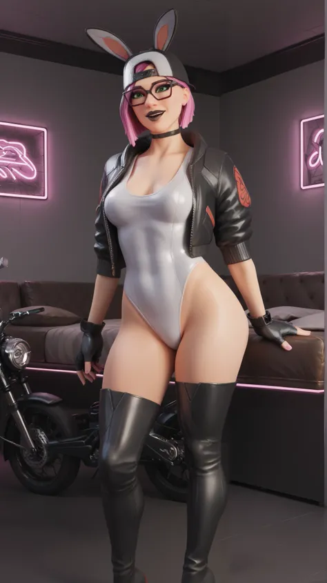 girl (masterpiece), choker, black lips, Black cap, evening, beautiful green eyes, short pink hair, glasses,fingerless gloves, black floor, gaming Room,mouth open,mischievous smile, white swimsuit,black jacket with gold,high heels,Steel-heeled thigh-high bo...