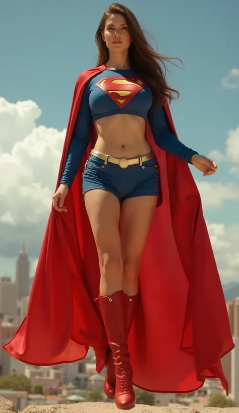 (masterpiece), realistic, brunette, slim, 7 foot tall, long hair, gigantic breasts, massive , round breasts, wide hips, big butt, thick thighs, superman costume, dressed as Superman, revealing costume, exposed midriff, sexy outfit, mini skirt, S symbol in ...