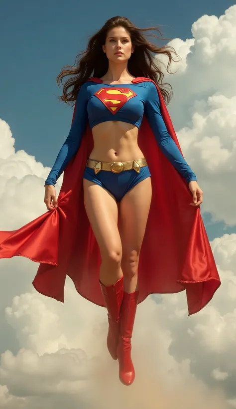 (masterpiece), realistic, brunette, slim, 7 foot tall, long hair, gigantic breasts, massive , round breasts, wide hips, big butt, thick thighs, superman costume, dressed as Superman, revealing costume, exposed midriff, sexy outfit, mini skirt, S symbol in ...