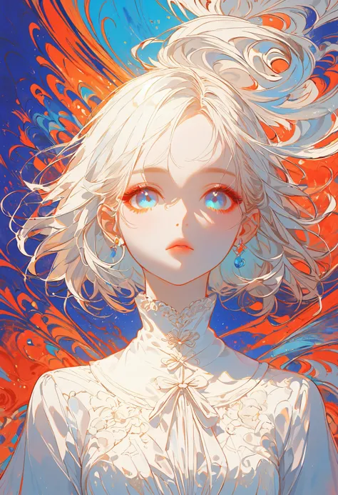 A whimsical anime illustration of a girl in a white dress, immersed in a vibrant, colorful environment. The background is filled with swirling, abstract patterns of red, yellow, and blue, giving a sense of movement and energy. The girl appears lost in thou...