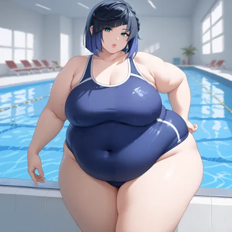 score_9, score_8_up, score_7_up, score_6_up, BREAK source_anime, look at viewer, rating_safe, 1girl, solo, masterpiece, best quality, high detailed skin,  yelan \(genshin impact\),  competition school swimsuit, pool,  chubby, chubby girl, curvy, large brea...