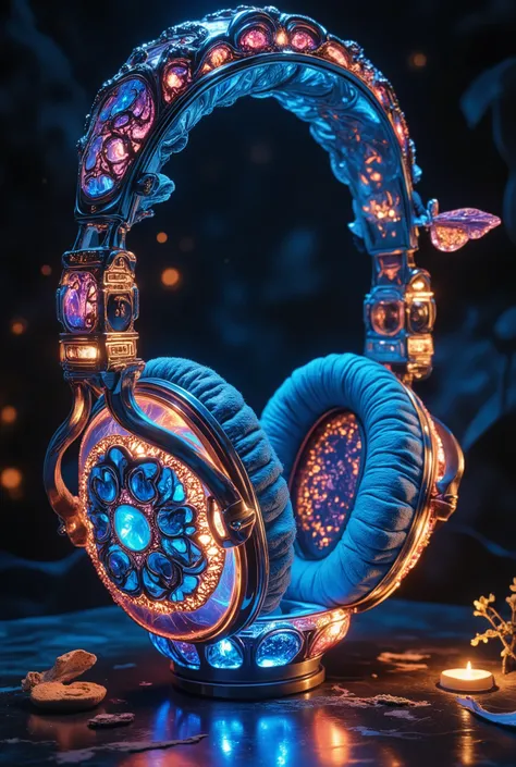 A striking, hyperrealist digital illustration of a large-scale enamel painting, presented as a bas-relief oil painting on glass, in a Blacklight style, featuring a central crystal headphones. The composition is a study in texture, depth and luminous color,...