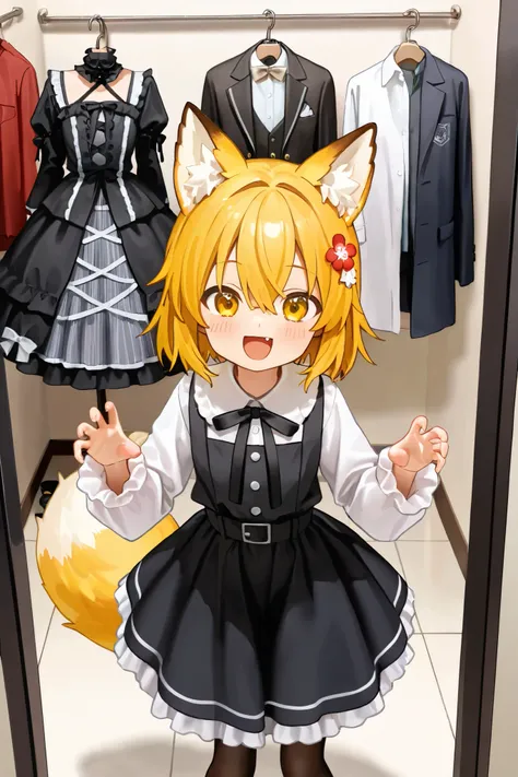 NSFW,masterpiece,best quality,high resolution,very detailed,Fairy Fox\(世話やきキツネのFairy Foxさん\),short hair,bungs、golden hair、hair ornament、 Beast Ears、hair between eyes、yellow eyes、flower、髪のflower、 Beast Earsの綿毛、fox ears、赤いflower、Fox Girl, Gothic Lolita Dress...