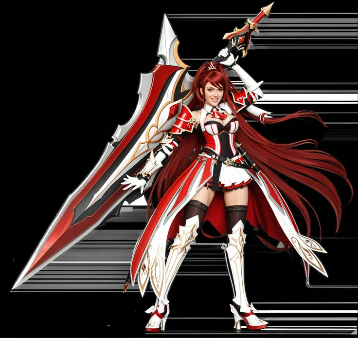 Açık havada bir kılıç tutan kırmızı ve beyaz kıyafetli 20 yaşında bir woman, rias gremory, white and red armor, woman , erza scarlet as a real person, woman kızıl saçlı tapınakçı , elesis elsword, Mavuika Genshin Impact, as Yuuki, official character pic...