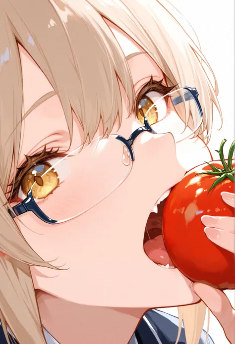 A girl opens her mouth wide and eats a tomato with fang, Face close-up, under-rim glasses