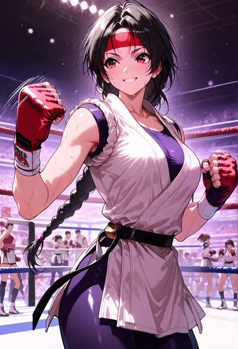 boxing ring、(black hair、braids)、(Black Belt、white uniform 、black stockings)、(赤 hachimaki、 hachimaki)、smile、woman、medium breasts、、masterpiece, 、Martial Arts Ring、Stadium、 lots of people、Best Quality, ,, perfect body, ,   black fingerless gloves  ,    ,    S...