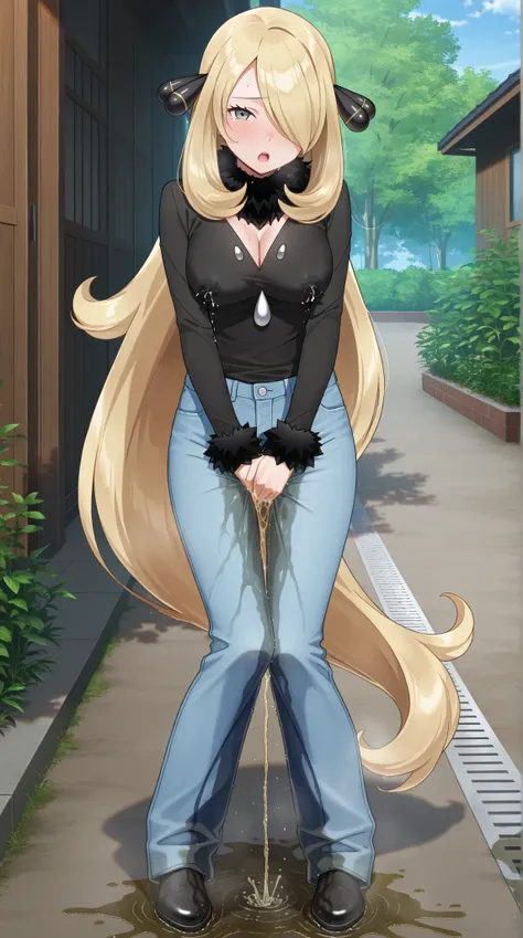 masterpiece, best quality, amazing quality, 1girl, youthful female, cynthia from pokemon, no headwear, (lactation), medium breast, (wetting herself:1.5), (desperation), (peeing), large wet pee stain, pee stain visible on her pants, soaking wet pants, (blue...