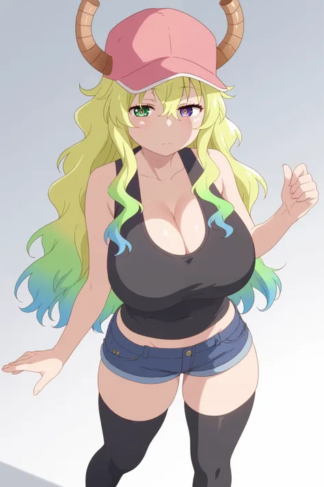 lucoa, blonde hair, blue hair, dragon girl, gradient hair, green hair, hair between eyes, horns, horns through headwear, huge breasts, multicolored hair, baseball cap, cap, hat, pink hat, green eyes, purple eyes, yellow pupils, heterochromia,
black thighhi...