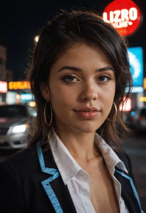 A beautiful woman wearing gyaru makeup and school uniform on the bustling streets of Gintama., surrounded by vendors, Beautiful portrait of an impressive goddess , beautiful detailed face, porcelain skin, tiro de medio cuerpo, centered,(He is black, nave...