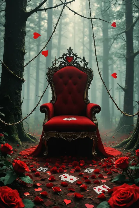 An enchanted and dark forest with a magical and mysterious atmosphere. The tall, twisted trees have reddish and golden leaves that reflect a faint mystical light. The thick fog covers the ground, creating a dreamy environment. Red roses with sharp thorns g...