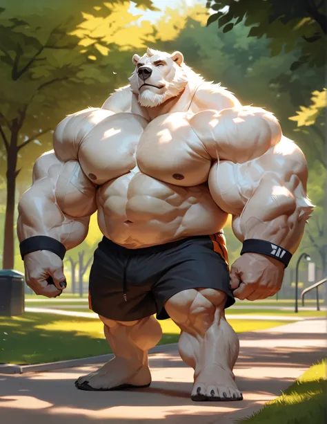 bara polar bear, strong physique, perfect anatomy, realistic, masterpiece, gray moustache and beard, wrinkles huge white fur, solo, great lighting, shorts, park, topless, hyper muscular, thick arms, huge pectoral, detailed eyes, buzz cut, wristbands