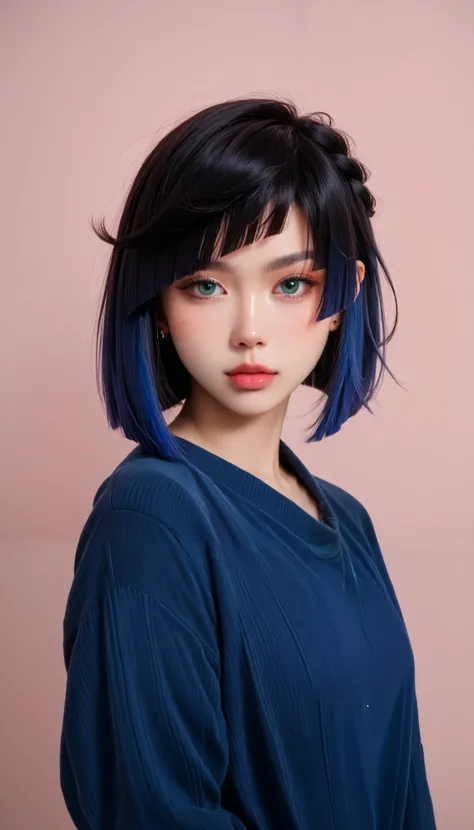 score_9, score_8_up, score_7_up, (photography), Photo RAW, best quality, hires, absurdres, ulzzang, ulzkawai, (((korean aesthetics))), k-pop, glamorous, shine, solo, (thin face), big eyes, ((Xia Yan)), blue eyes, eyelashes, lips, (yelan), black hair, blue ...
