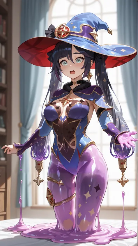 (professional quality, dynamic lighting, perfect eyes, detailed eyes, detailed face), (melt:10.0, melting:10.0, Adult Mona Genshin Impact, she is a slime_girl:3.0, transparent body:5.0, translucent:10.0, drippy slime, she is melting:3.0, the whole body is ...