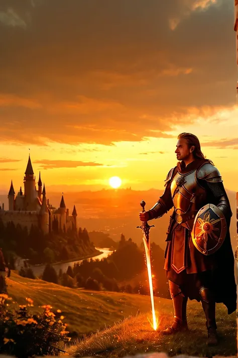 A young but determined paladin stands in front of a fairy-tale-like castle, its spires reaching into a sky painted with hues of pink and orange during sunset. The paladin's armor is polished to a mirror shine, and his shield bears the emblem of a radiant s...