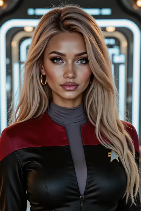 A breathtaking close-up of Kiernan's cinematic shot, , , , , his piercing eyes and subtle features are illuminated by soft light, the futuristic glow of the spaceship bridge. Woman stands with confidence in her flawlessly tailored Starfleet suit: The shape...