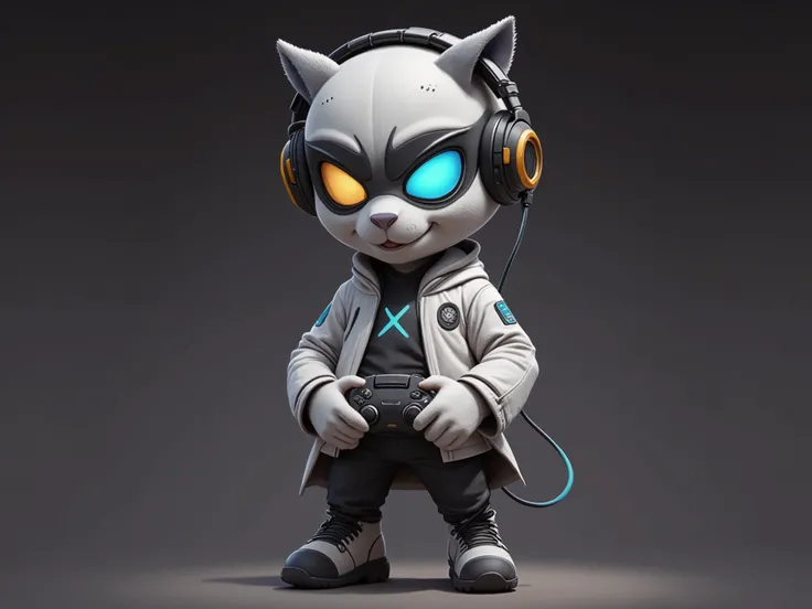 Create a mascot for my game store, I need it to be a human, using a headset with game control with the dominant colors being black and white