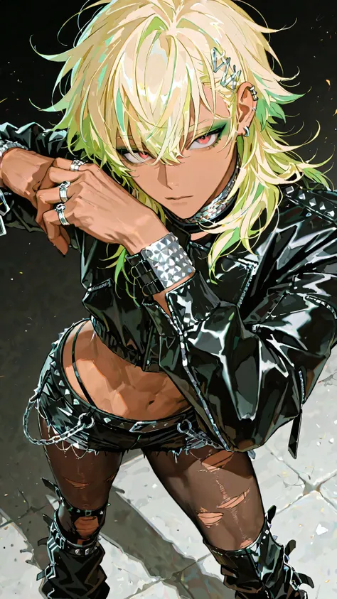 1male,handsome,visual kei style,medium hair, heavy black eyeliner, green eyeshadow,black leather outfit adorned with silver chains, studs,His pose is confident,black nail, bob hair, top quality,high quality,masterpiece, gyaruoh, (blonde:1.2), red eyes, and...