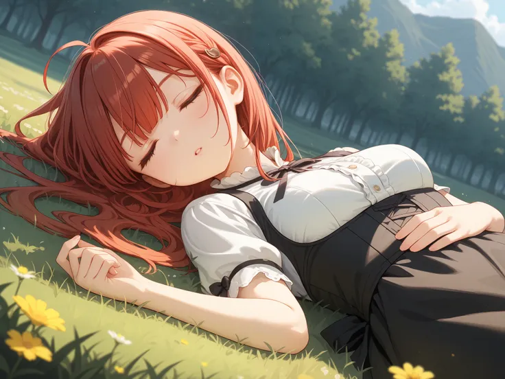 Woman lying down and sleeping on the prairie、bust shot