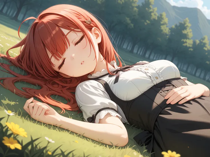 Woman lying down and sleeping on the prairie、bust shot
