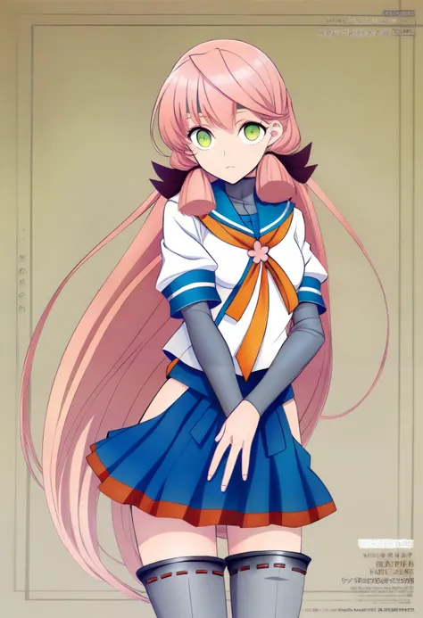 high resolution pictures, masterpiece, Best Quality, great quality, official art, Alone, 1 girl, AkashiKc,long hair,green eyes,pink hair,skirt, thighhighs, long sleeves, school uniform, hair ribbon, pleated skirt, serafuku, blue skirt, tress ribbon, banda...