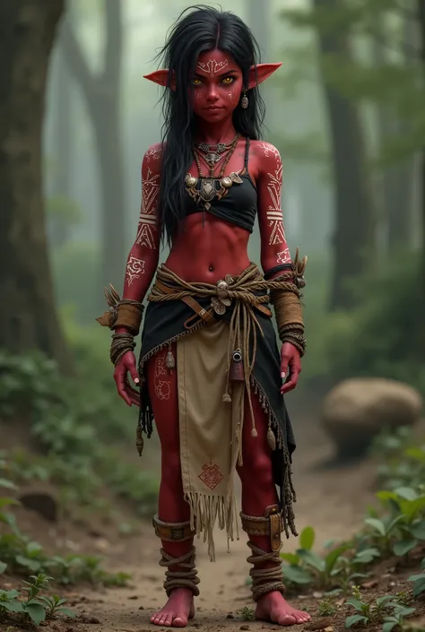The character has deep red skin, decorated with white tribal tattoos or paintings distributed across her face, arms, legs and torso. These geometric patterns include lines, spirals and runic symbols, giving her a mystical and culturally rooted air. Her fac...