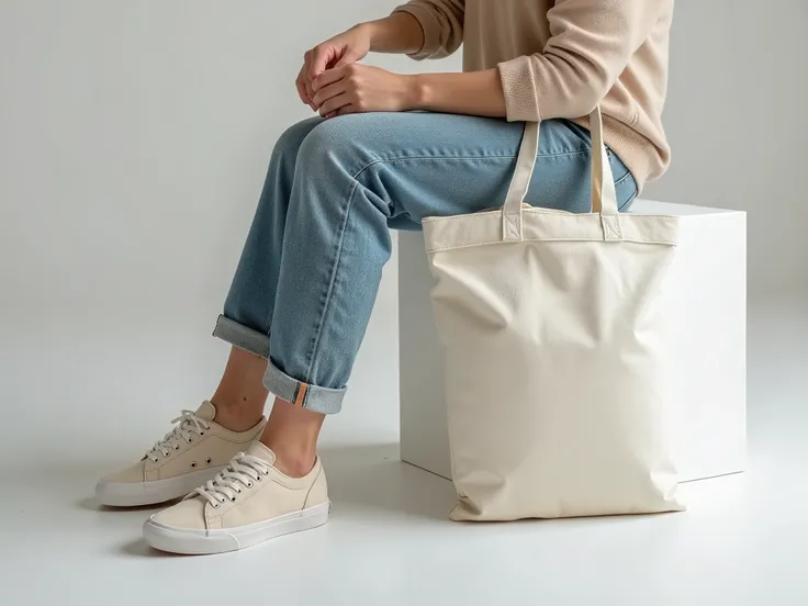 (((Close-up))) of a trunk of a young woman sitting on a low white block, wearing jeans and (((Vans® sneakers))), holding one holding a simple white bag, holding a cloth bag cru, holding a cloth bag, Straight bag,  Sustainable Materials , carrying an ecolog...