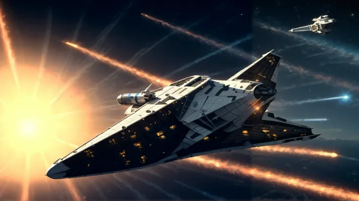 best resolution, Ultra4k , Realistic, better quality, best scenario, full hd, wallpaper,  universe, Sun in the left corner, spaceships, ((((((millennium falcon star wars)))))