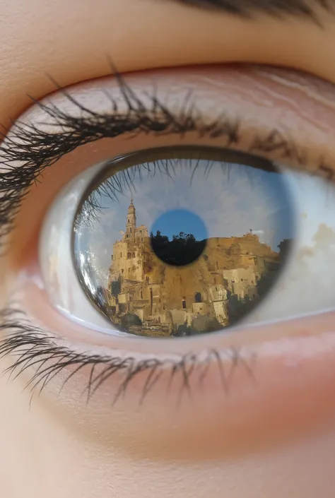 Extreme close-up of woman's eye, in which we see a high detailed reflection of city of Matera /(sassi_di_matera, cathedral, houses, roofs)/.