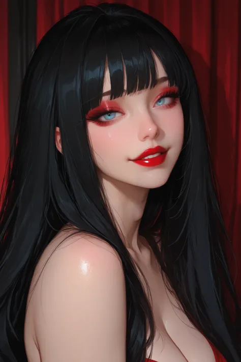 A beautiful girl, very sensual and charming. She has long black hair with bangs, light blue eyes, and fair skin, mischievously smiling with red lipstick.