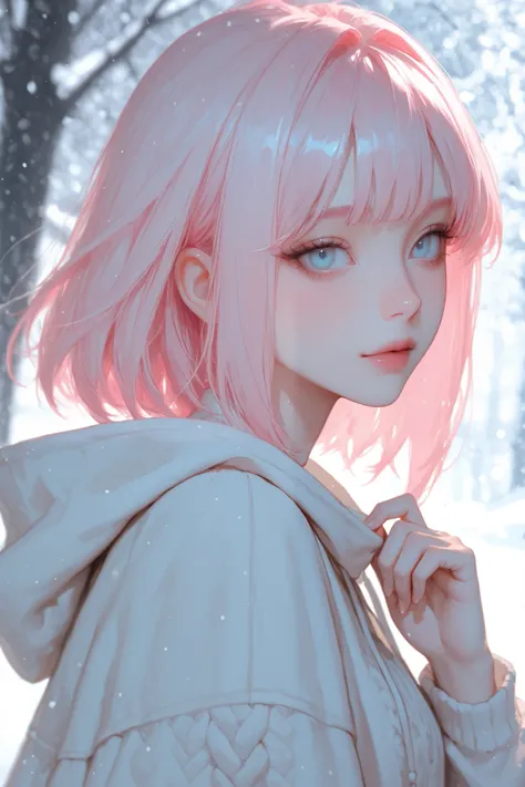 A beautiful girl, very cute and delicate. She has long light pink hair with bangs, light blue eyes, and fair skin, set against a snowy background.