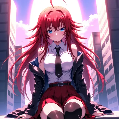 Rias gremory, highschool DxD art style, A vibrant anime-style illustration features a young woman with striking, long, flowing red hair and captivating blue eyes. She is dressed in a stylish, modern schoolgirl outfit, consisting of a white collared shirt w...