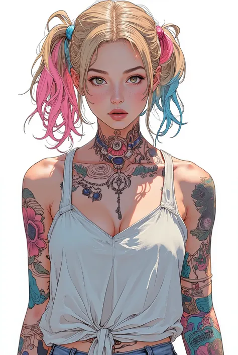((Beautiful Face:1.4)), (Purelos Face_v1: 1.0), Half Body,((White simple background)), Front lighting, Intricate details, Exquisite detail and texture, One girl, alone. Blonde hair with pink and blue pigtails (young), Facial highlights, Upper Body, Detaile...