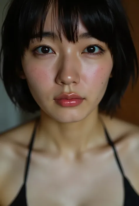 (( Best Quality )), ((masterpiece)), ( details), first-person view ,1 girl, sexy,( Bring Your Face Closer ),((mouth wide open)),((Big Breasts, underwear, short bob hair)), black hair , (( without makeup, small eyes))