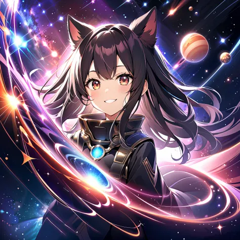 Age 19,smile, Girl with dog ears , Dark dark haired, black ear,universe,Fantastic Space,Overflowing with power,universeの支配者