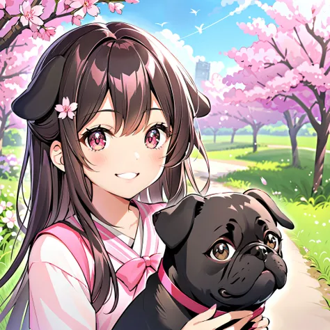 Age 19,smile, Girl with dog ears , Dark dark haired, black ear,spring, cherry blossom hair ornament,I'm holding a black pug