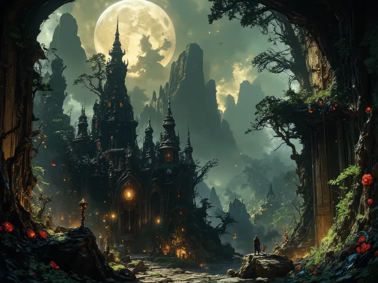 A beautiful gloomy and sinister necromancer's castle, overgrown with wild black roses and full of undead servants and monsters, huge full moon on the background, in the distance a wild dense bushy forest, fantasy, landscape, high resolution ,gothic dark ro...