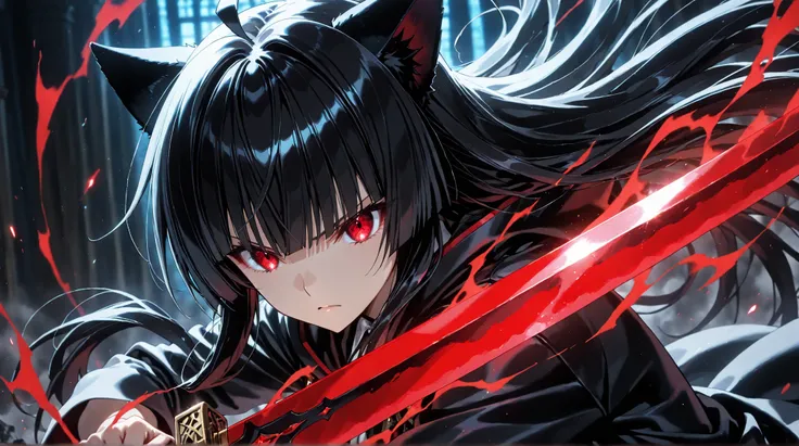 1 girl, (feminine approach), Alone , 1 girl, Ichigokurosaki , ((cat girl, cat black ears)), (red eyes), (long hair), (( black hair, (Ahoge), straight bangs,)),, (Shinigami costume), combat position,  holding its sword , serious guy, The lighting is strong ...