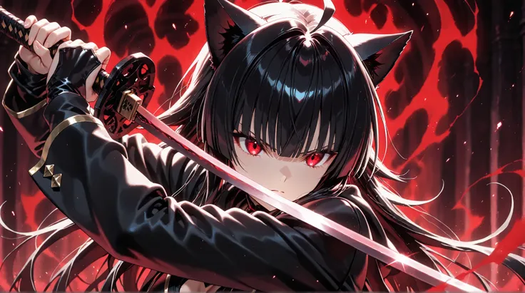 1 girl, (feminine approach), Alone , 1 girl, Ichigokurosaki , ((cat girl, cat black ears)), (red eyes), (long hair), (( black hair, (Ahoge), straight bangs,)),, (Shinigami costume), combat position,  holding its sword , serious guy, The lighting is strong ...