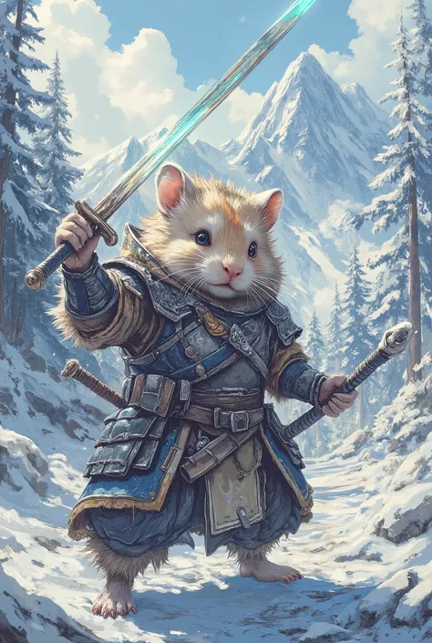hamster dressed like the dragonborn from skyrim, Masterpiece, best quality, Super Detail,an epic,4K,snowy forest , wears fur armor , Holds a glowing sword, In fantasy art style, cinematic light , ultradetailed, 8k resolution ,((nimmt eine an epice samur...