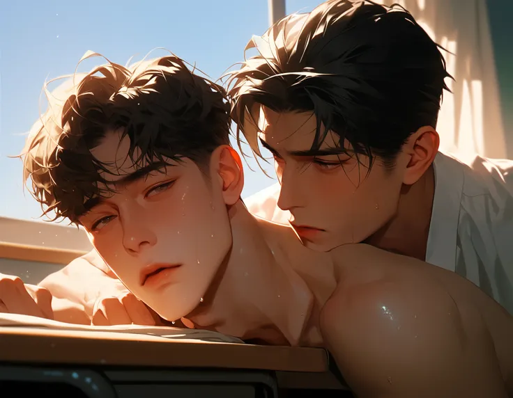 in the classroom, Full Body Image , Lying on the table,, couple, two boys , men, In good condition , Smooth skin , Korean cartoon style ,Look at the lens ,. age and active., In good condition ,Strong white skin ,wet hair style , , handsome faces a...