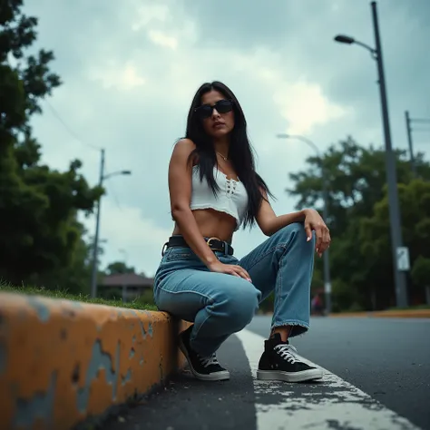 Professional photo of confident woman sitting casually on worn-out curb, urban outdoor setting, low-angle perspective, long dark hair, black sunglasses, white crop top, high-waisted light blue jeans, dark belt, black-and-white sneakers, relaxed pose, drama...
