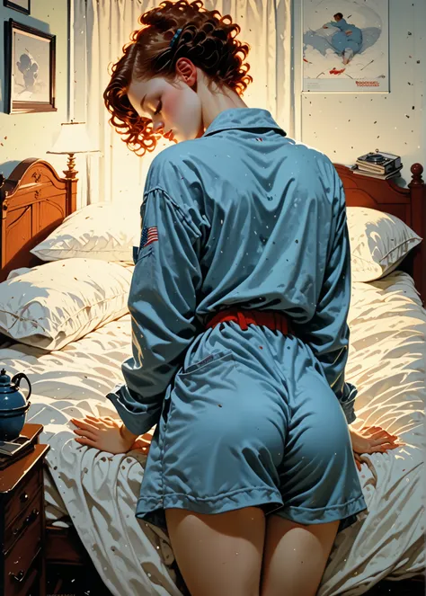 1 girl, (huge breasts, tiny hips), short hair, middle hair, blue eyes, oversized clothes, pajamas, oversized shirt, bedroom, sleepy face, rubbing sleep out of her eyes, (rubbing the sleep out of her eyes) () (art by norman rockwell), cute,(), (squishy brea...