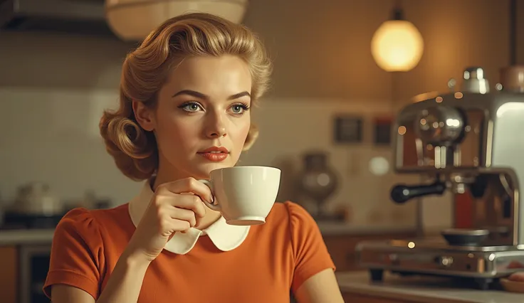Glamorous blonde woman in 1950s style, enjoying a cup of coffee. Close-up portrait shot, capturing a young, Caucasian woman in her twenties. Classic, voluminous 1950s-style blonde hair, perfectly coiffed and curled, creates a retro atmosphere. Light mak...