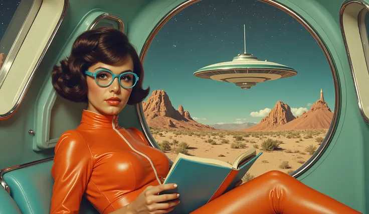 Young woman, Caucasian, mid-20s, seated in futuristic spaceship interior. Orange, glossy, form-fitting bodysuit, styled like a vintage spacesuit. Bright blue, rounded sunglasses. Dark, bobbed hair. Concentrated expression, reading a blue book. Sleek,...