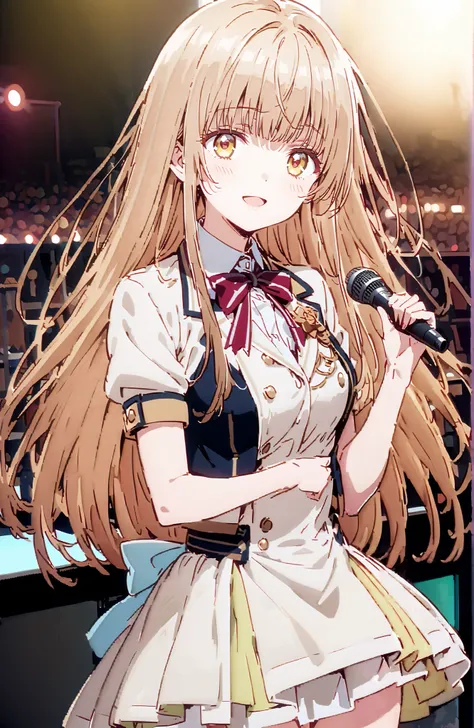 is horrible, Mahiru Shiina,Alone, bungs,  Gold, long hair,yellow eyes,Medium breast,smile,cover,open your mouth,idol costume, dress,collared  dress,jacket,cropped jacket,Short sleeve,bowtie,bow,button, above Decorati has ,(white knee-high:1.2),boots,is sta...