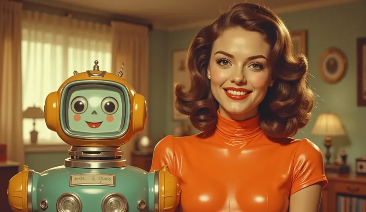 Retro-futuristic image; woman in vibrant orange, form-fitting, glossy, vinyl bodysuit, 20s-30s age range, light brown shoulder-length bob hairstyle, with defined, styled bangs, and full, vibrant red lipstick, smiling broadly, with bright, expressive eyes...